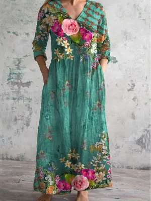 Floral Art Print V-Neck Maxi Dress
