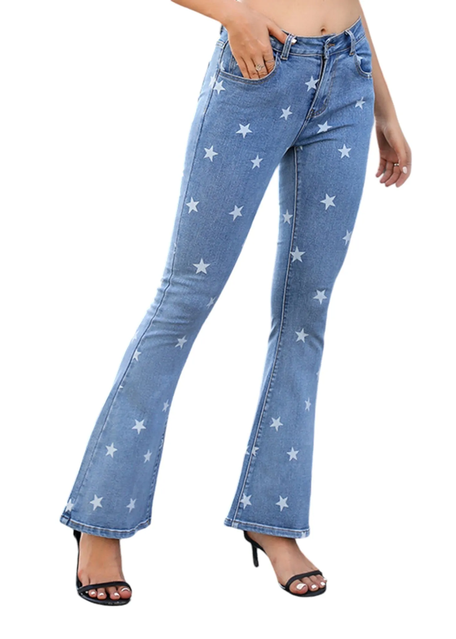 Floral Daisy Embroidered Mid Rise Bell Bottom Flare Frayed Hem Jeans