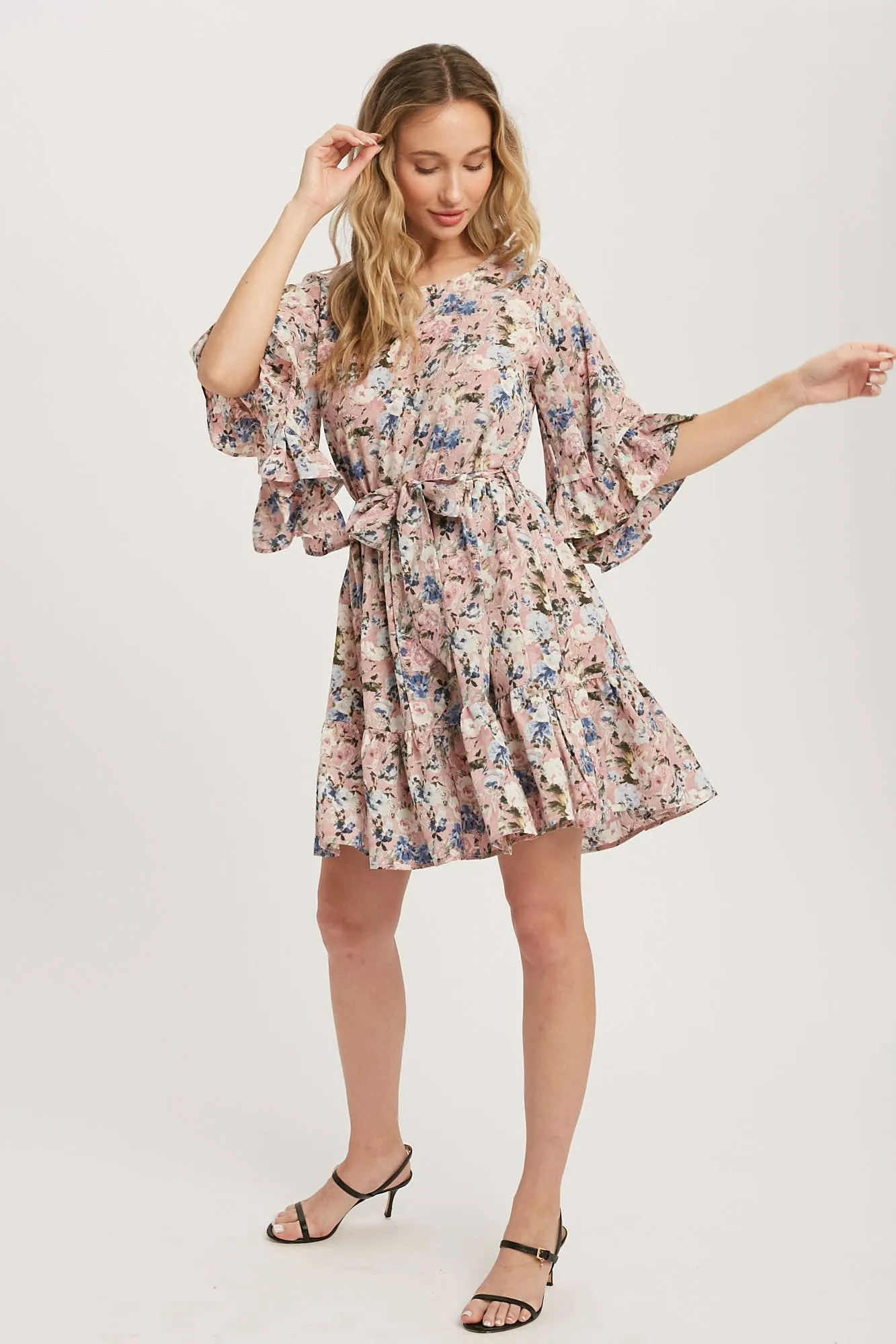 Floral Print Angel Sleeves Dress