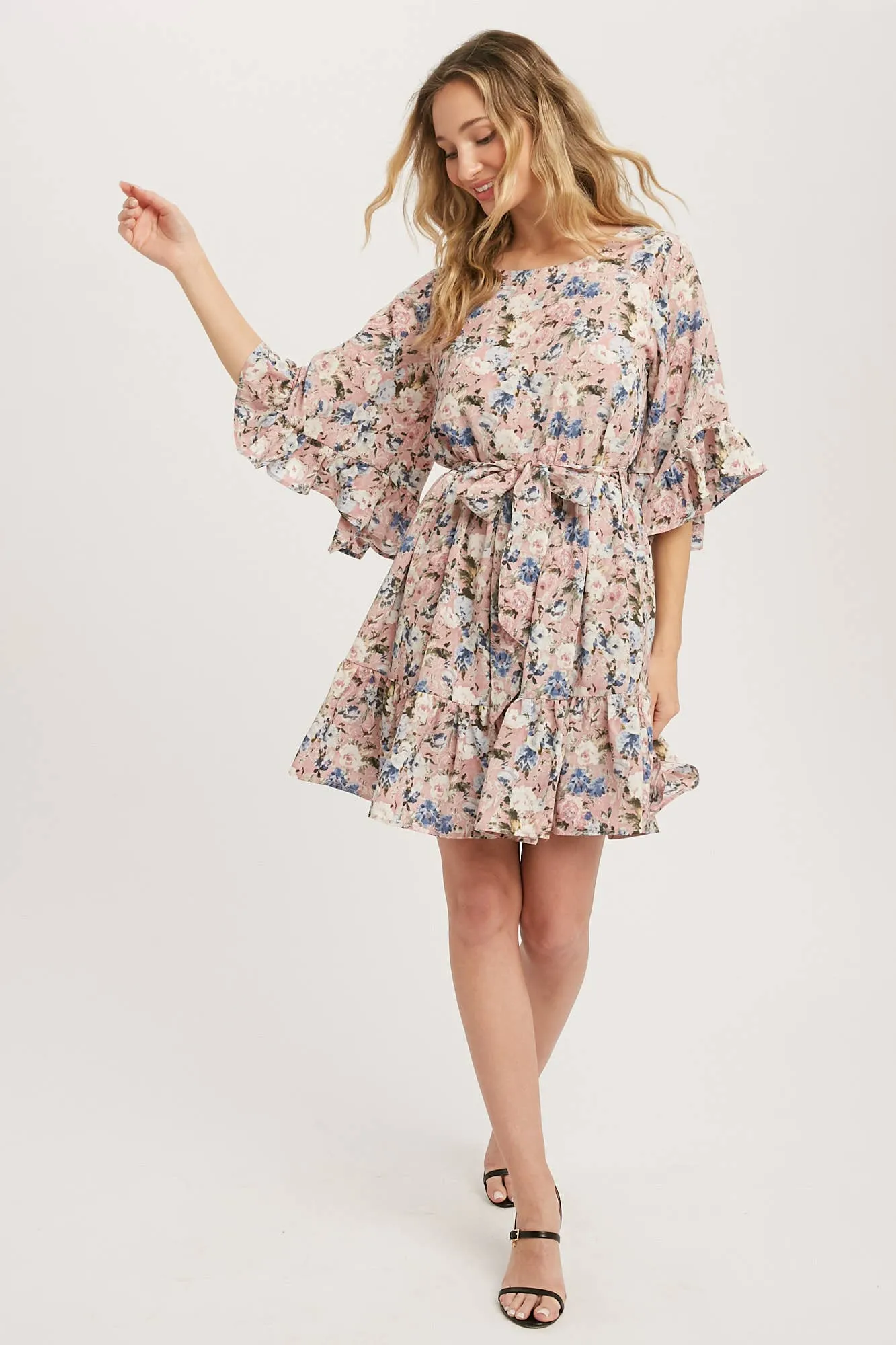Floral Print Angel Sleeves Dress