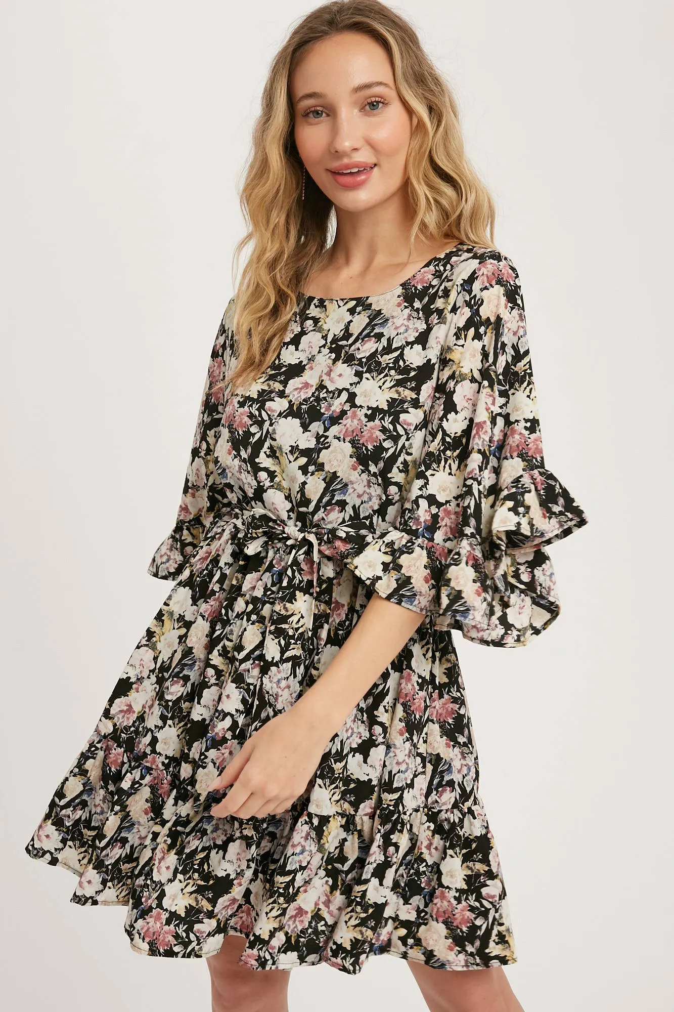 Floral Print Angel Sleeves Dress
