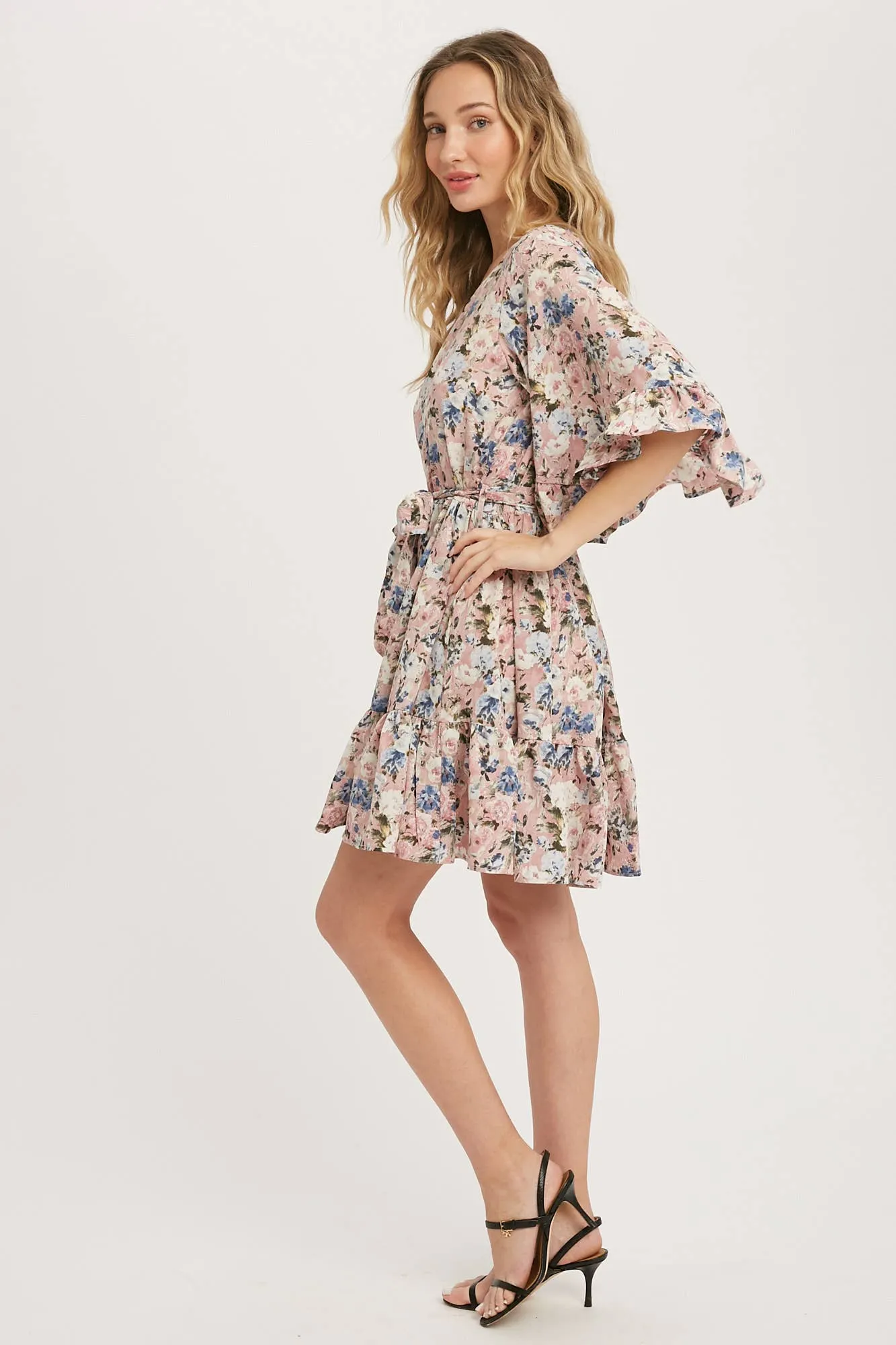 Floral Print Angel Sleeves Dress