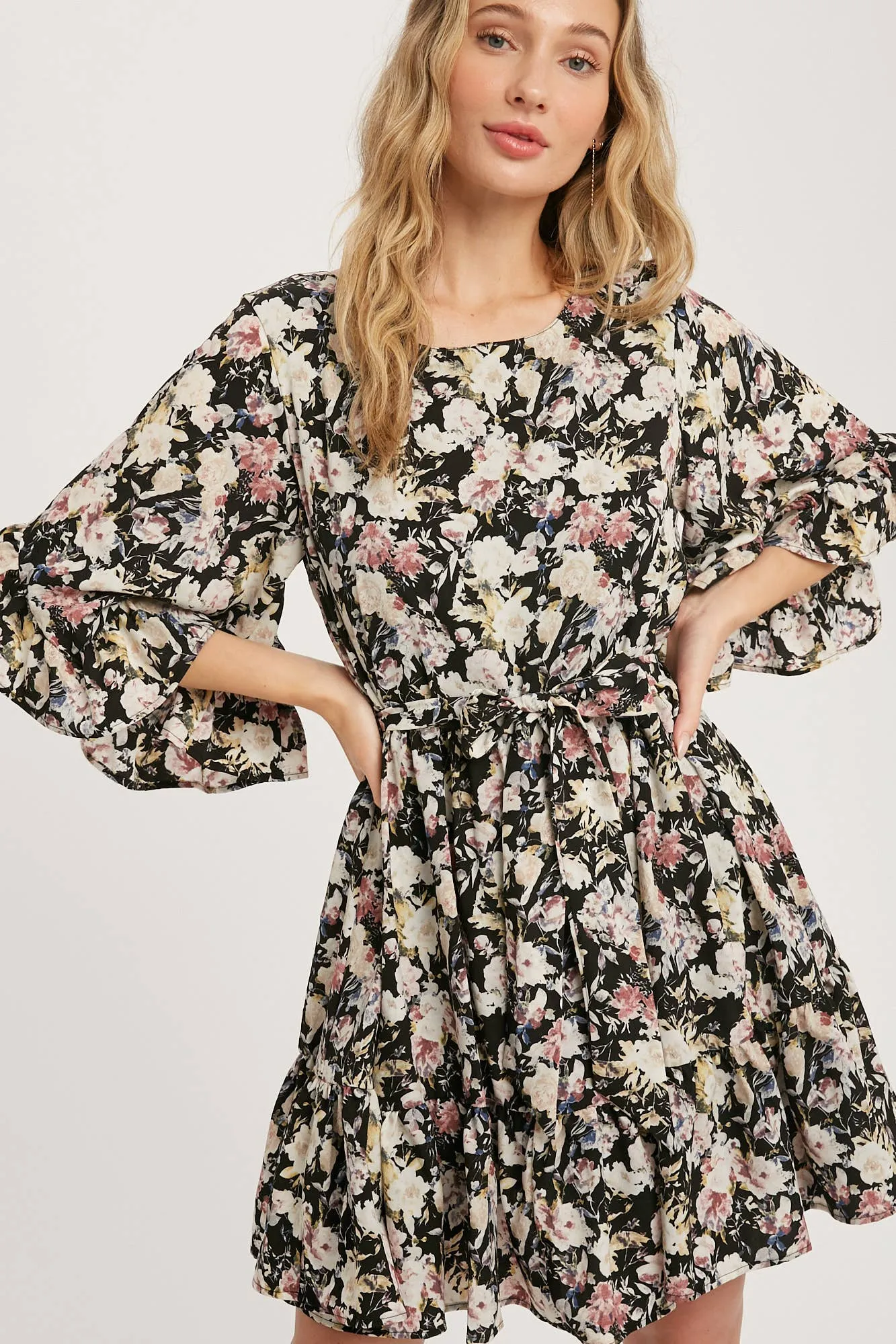 Floral Print Angel Sleeves Dress