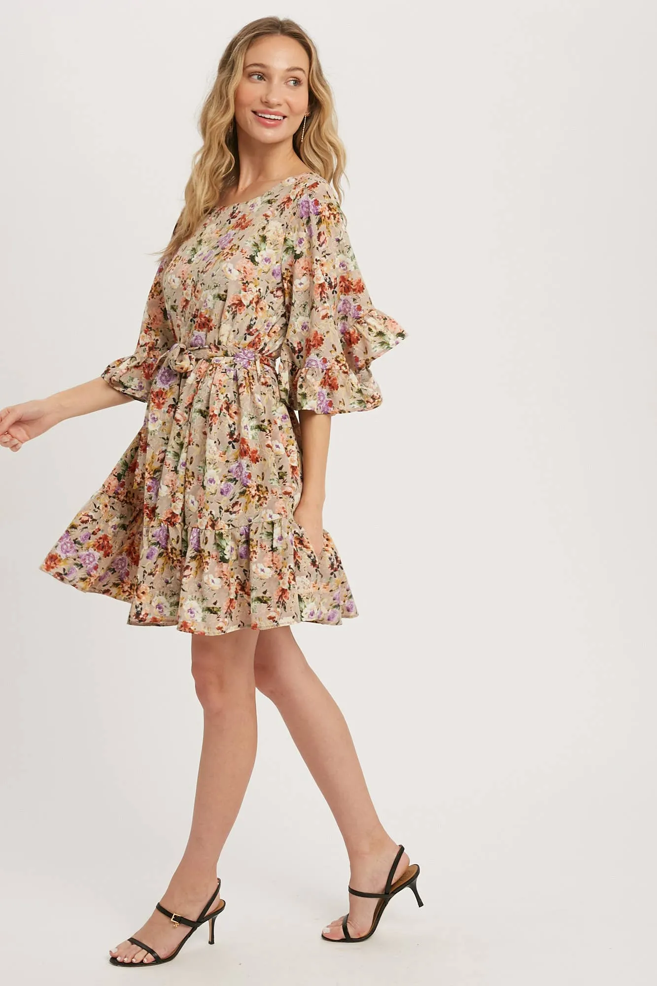Floral Print Angel Sleeves Dress