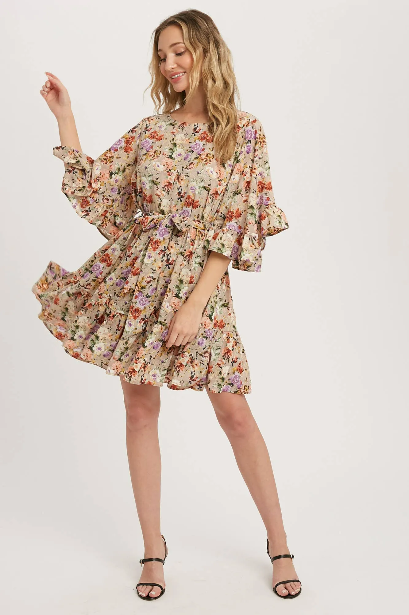 Floral Print Angel Sleeves Dress