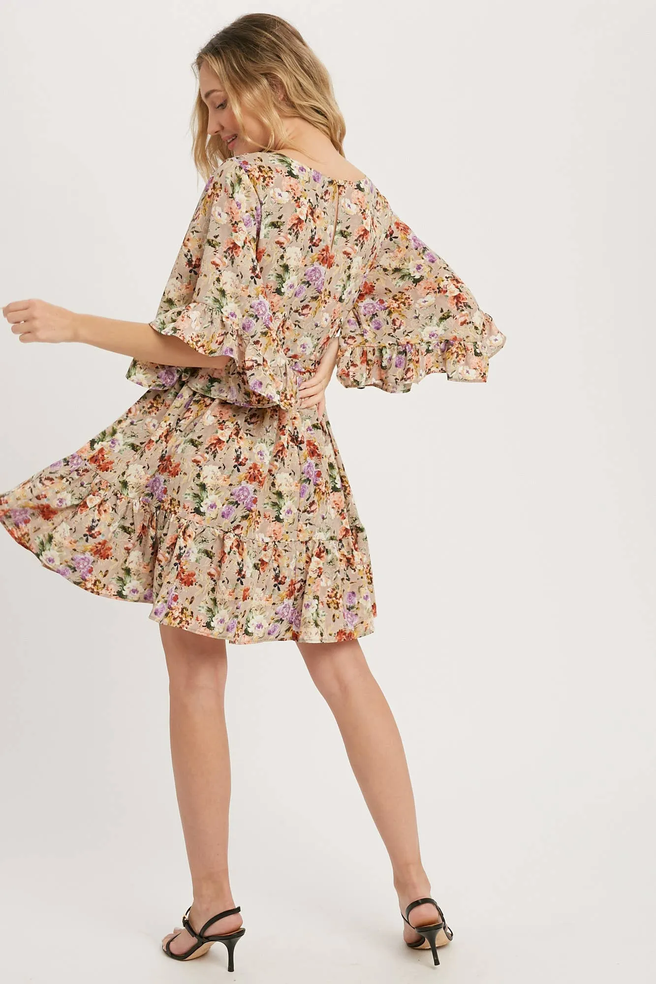 Floral Print Angel Sleeves Dress