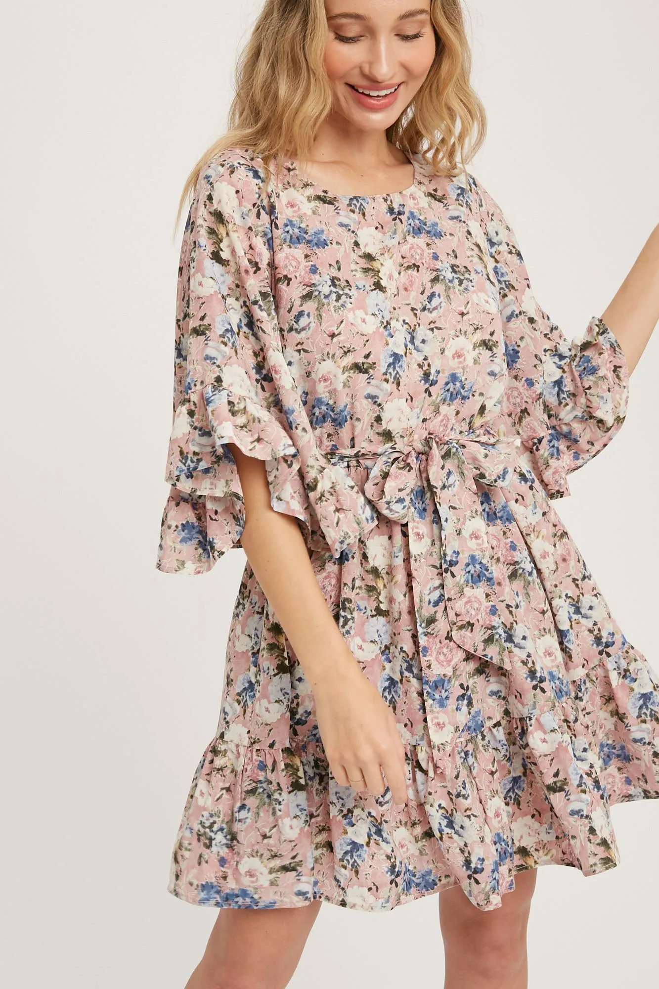 Floral Print Angel Sleeves Dress
