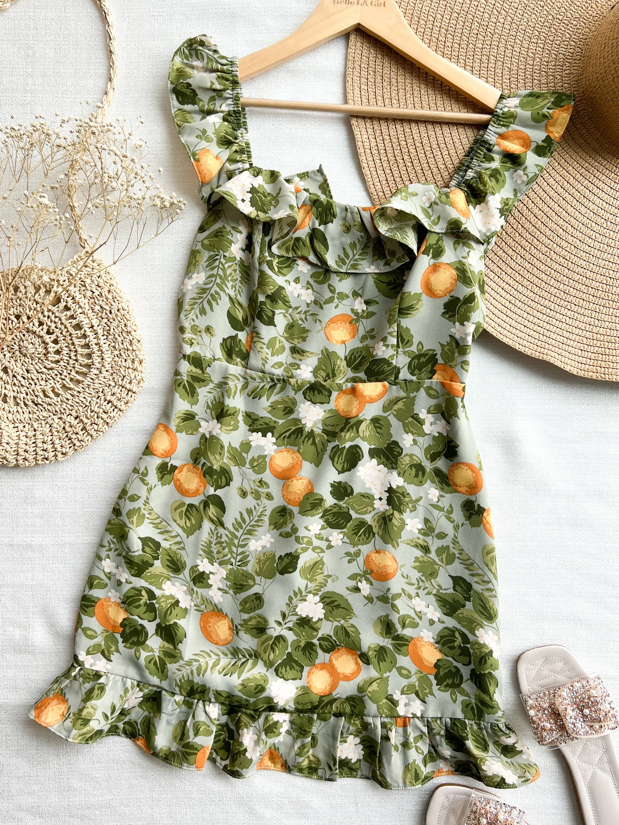Florals Print Ruffle Trim Sleeveless Green Mini Dress