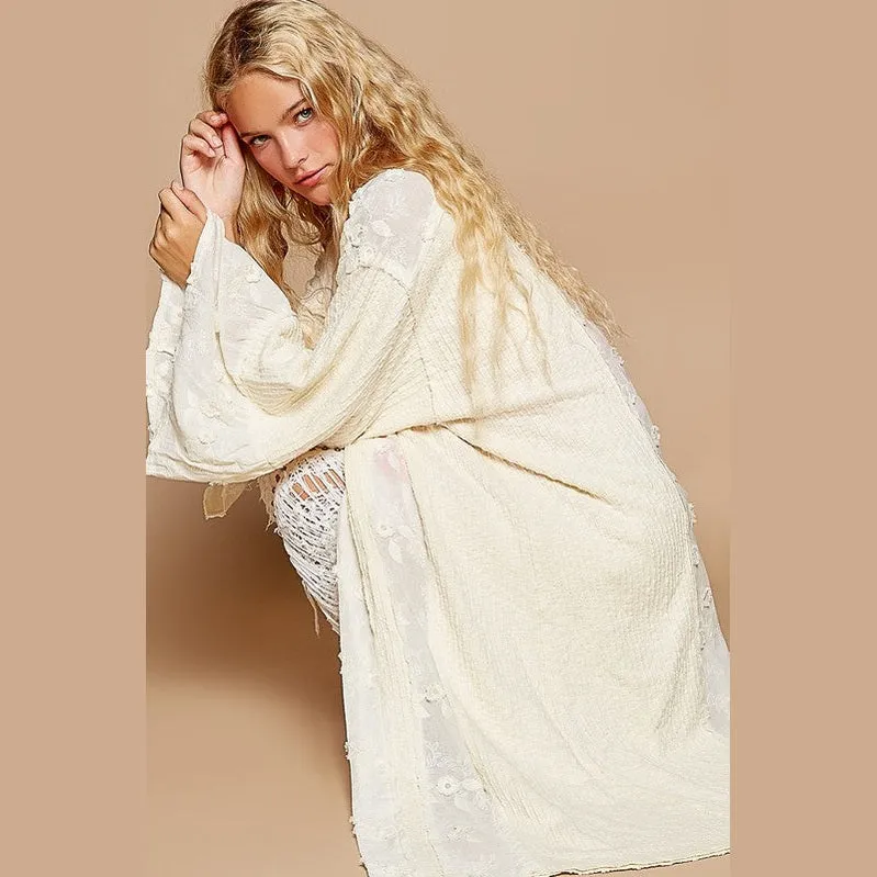 Flower Lace Trim Open Front Longline Cardigan