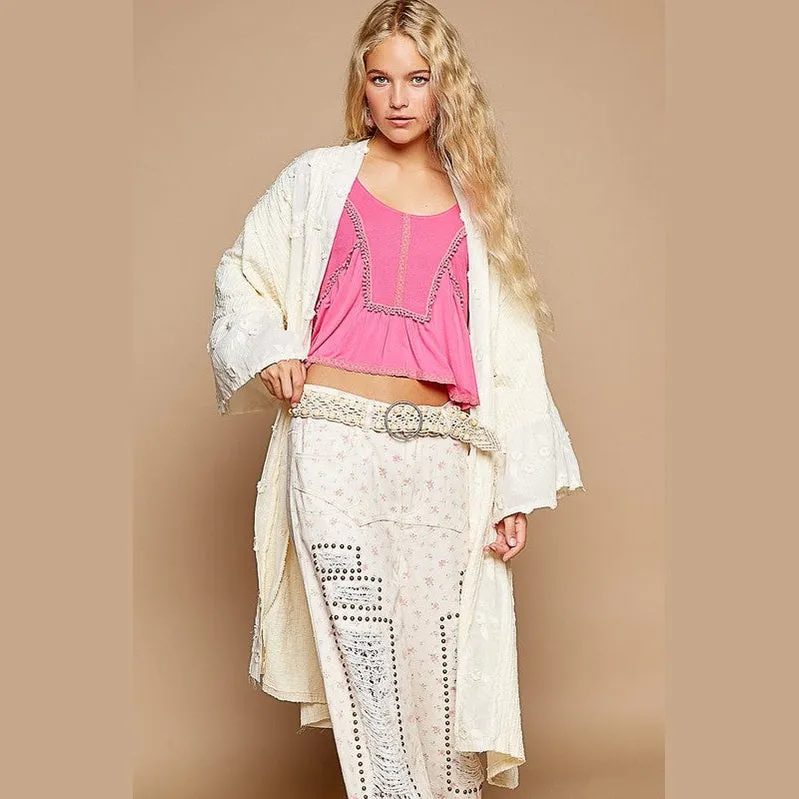 Flower Lace Trim Open Front Longline Cardigan