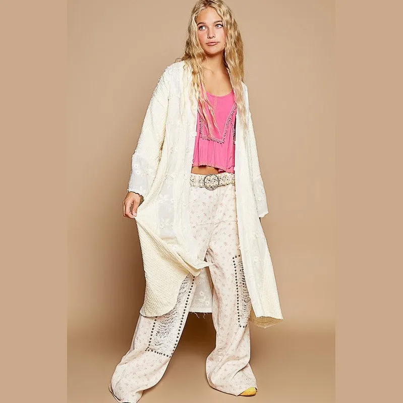 Flower Lace Trim Open Front Longline Cardigan