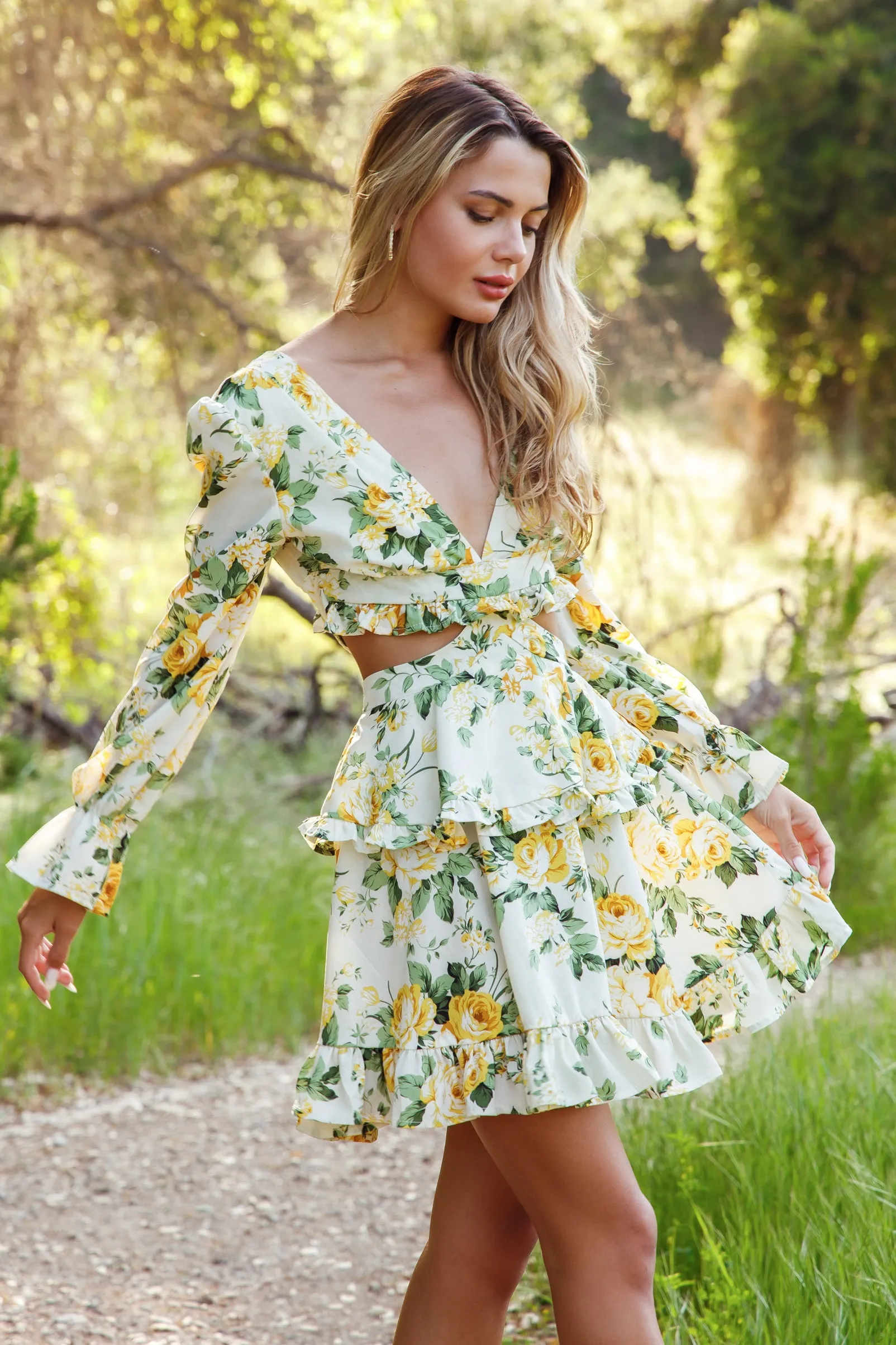 Flowers V-neck Cut Out Long Sleeve Ruffle Mini Dress