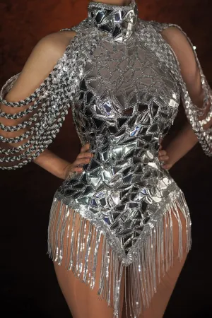 Flytonn-nye outfits Sparkly Halter Neck Cold Shoulder Backless Sequin Fringe Party Mini Dress - Silver