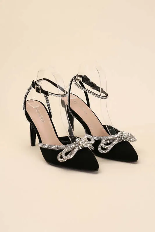 Freya Point Toe Double Bow Heel in Black / Silver
