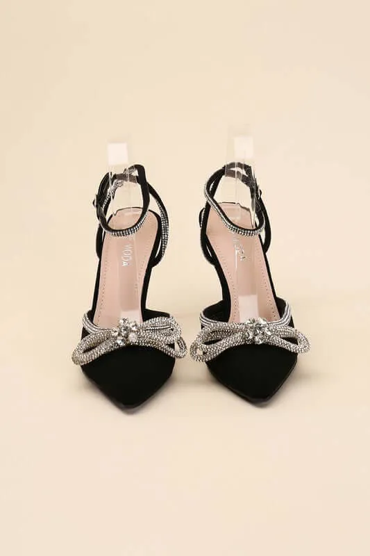 Freya Point Toe Double Bow Heel in Black / Silver