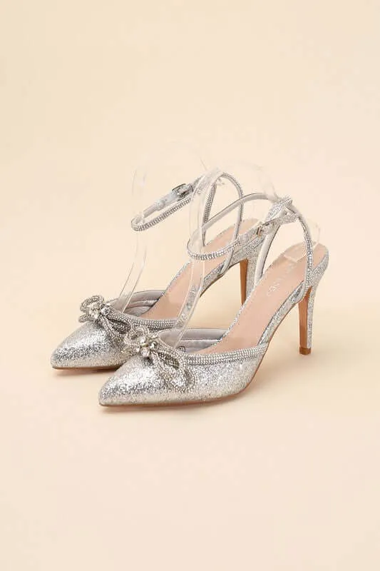 Freya Point Toe Double Bow Heel in Black / Silver