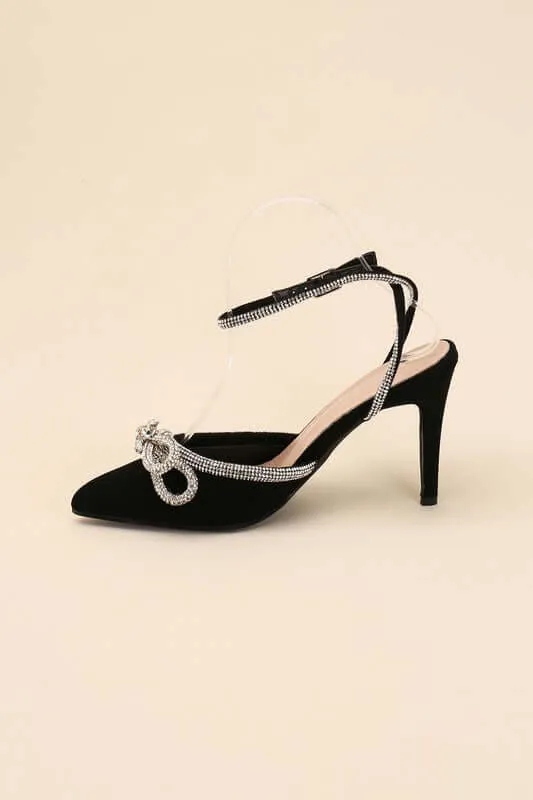 Freya Point Toe Double Bow Heel in Black / Silver