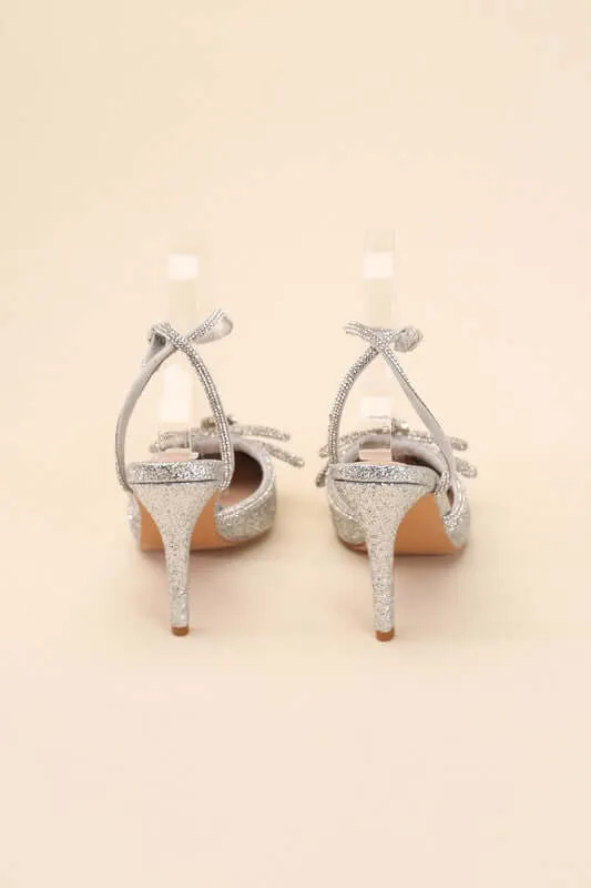 Freya Point Toe Double Bow Heel in Black / Silver