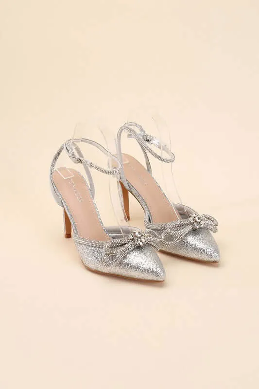 Freya Point Toe Double Bow Heel in Black / Silver