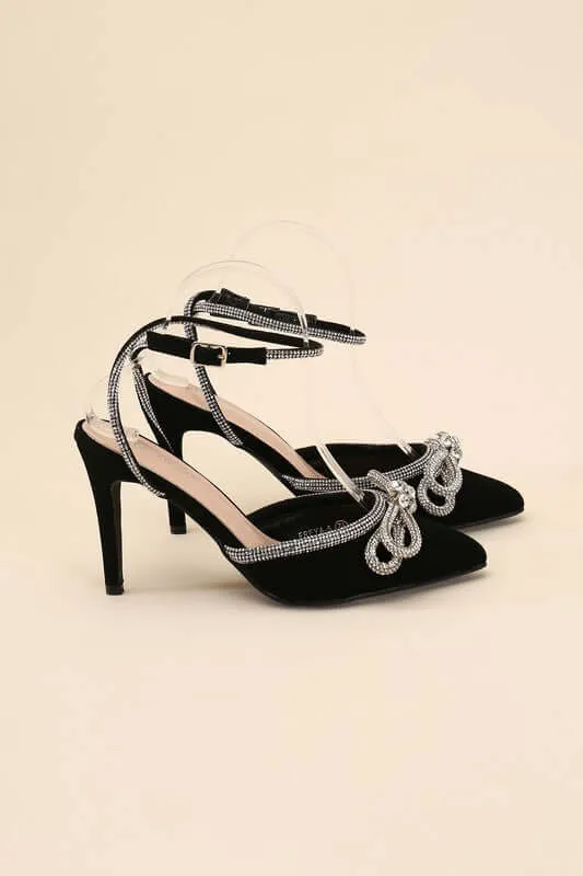 Freya Point Toe Double Bow Heel in Black / Silver