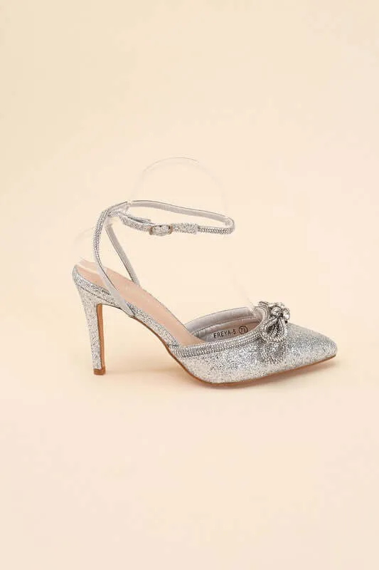Freya Point Toe Double Bow Heel in Black / Silver