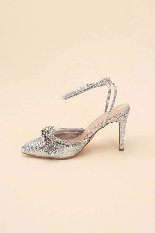 Freya Point Toe Double Bow Heel in Black / Silver