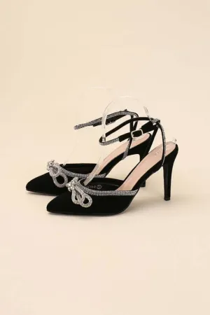 Freya Point Toe Double Bow Heel in Black / Silver