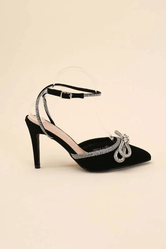 Freya Point Toe Double Bow Heel in Black / Silver