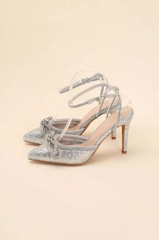 Freya Point Toe Double Bow Heel in Black / Silver