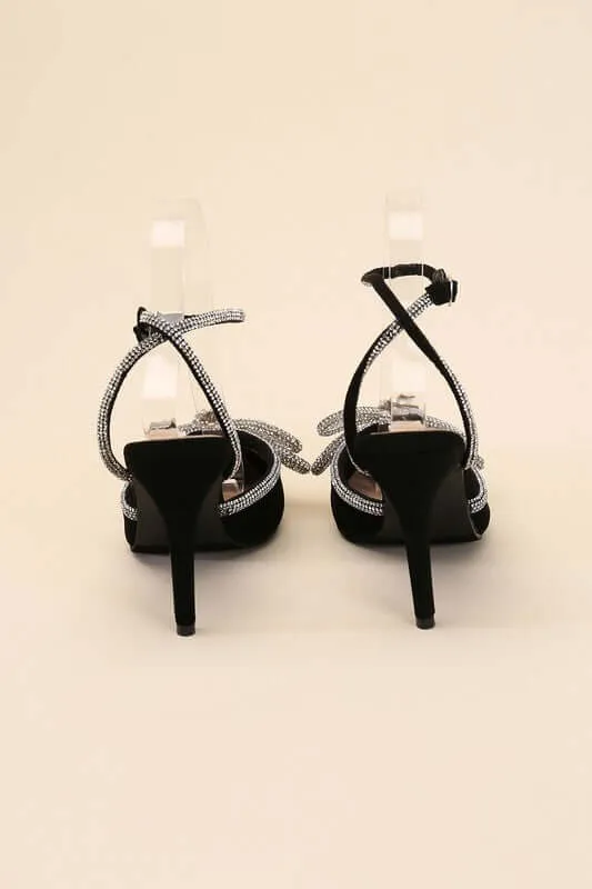 Freya Point Toe Double Bow Heel in Black / Silver