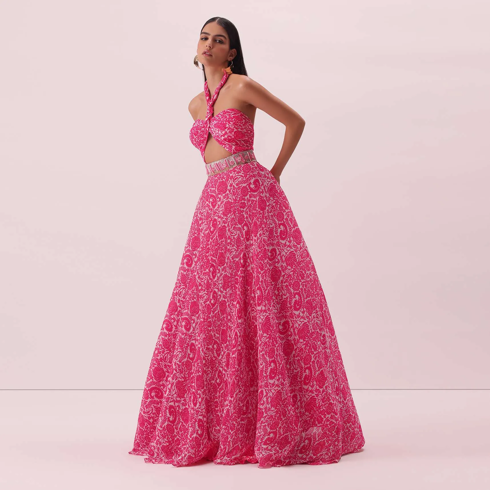 Fuchsia Pink Halter Neck Gown In Georgette With Print And Embroidery
