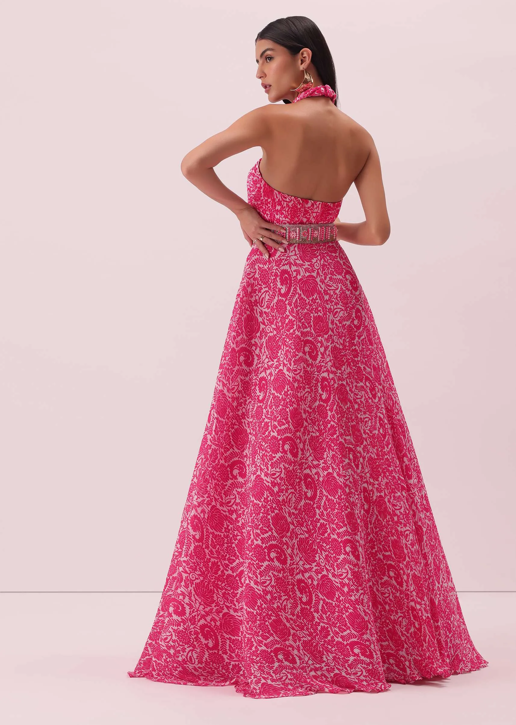 Fuchsia Pink Halter Neck Gown In Georgette With Print And Embroidery