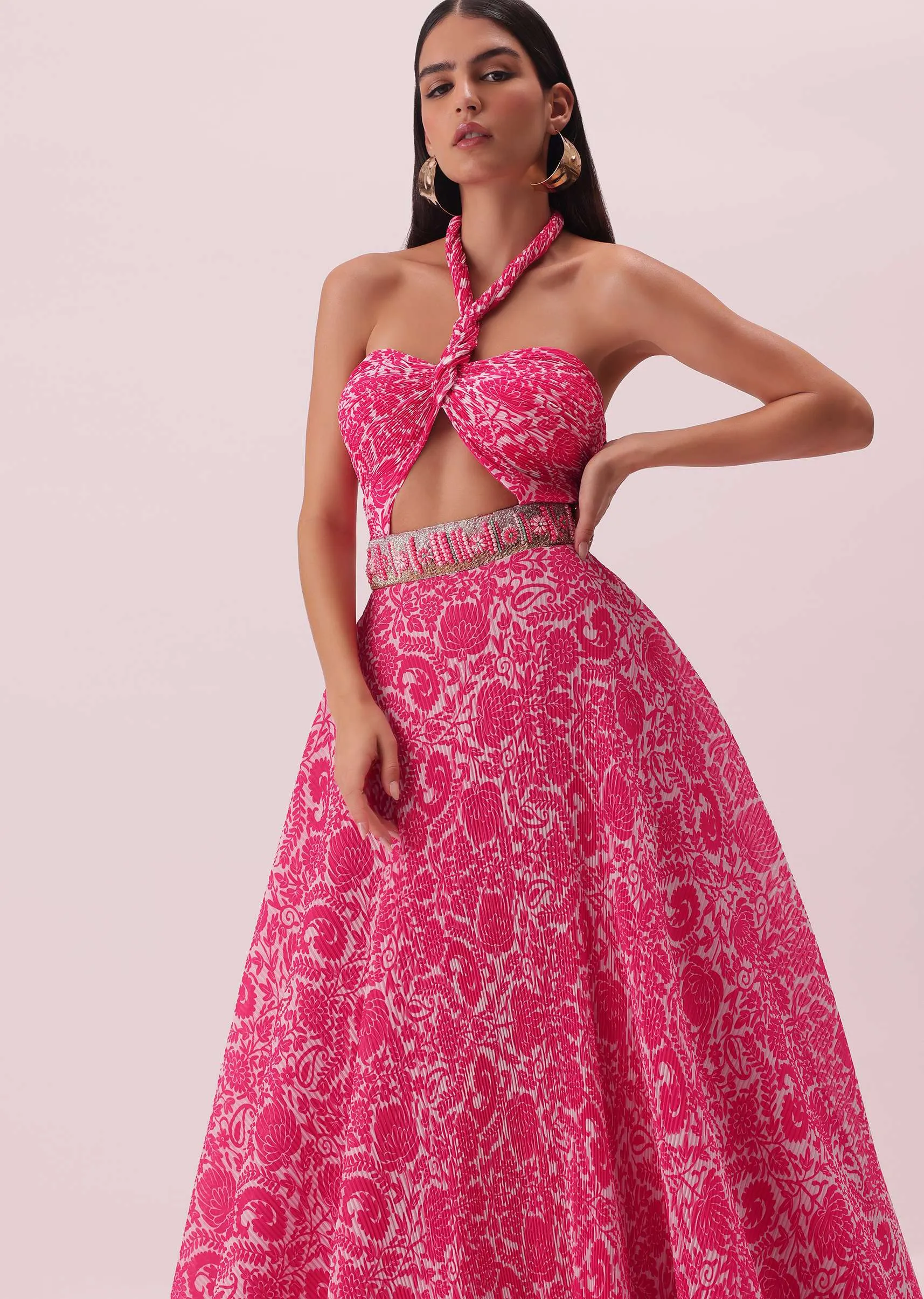 Fuchsia Pink Halter Neck Gown In Georgette With Print And Embroidery