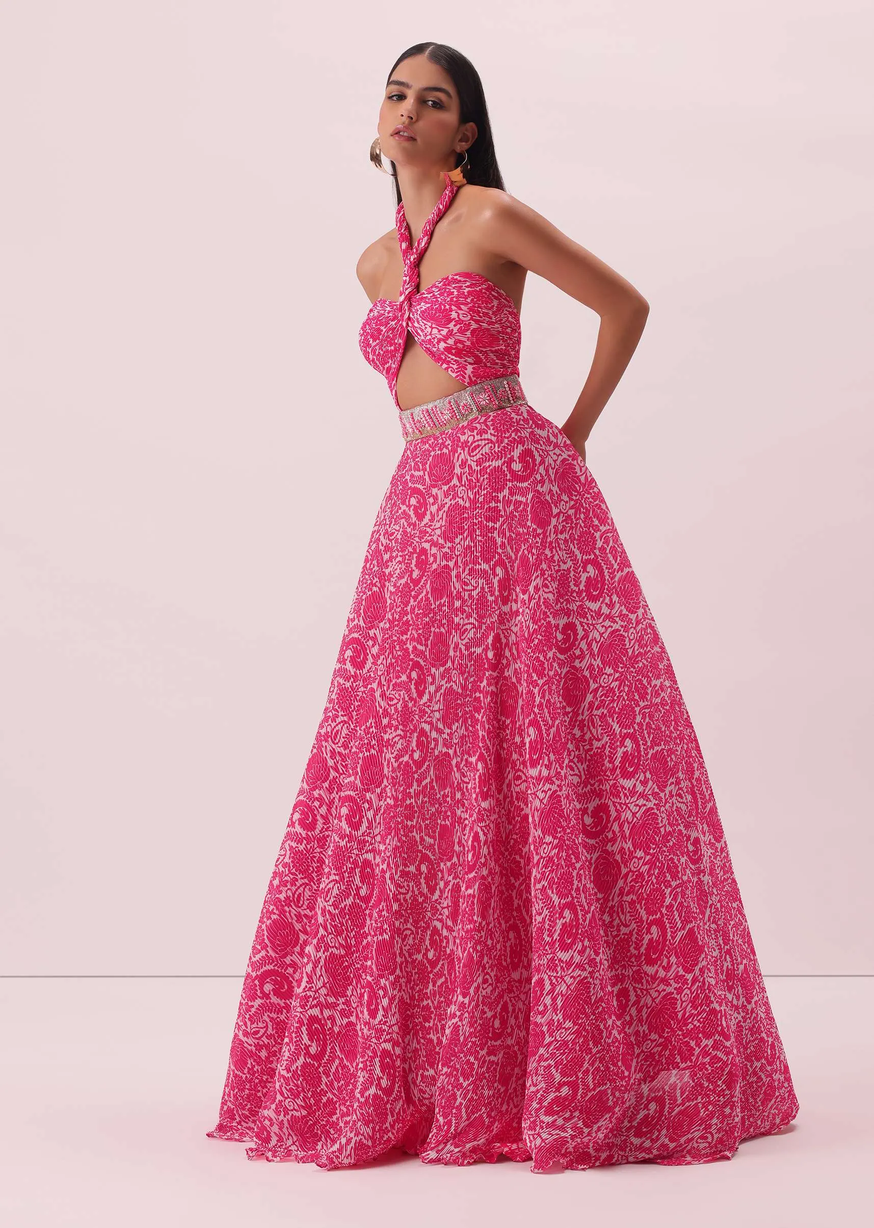 Fuchsia Pink Halter Neck Gown In Georgette With Print And Embroidery