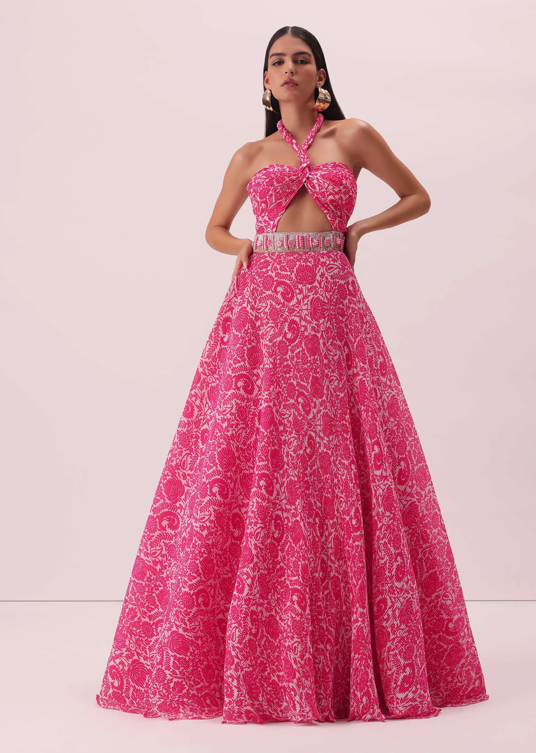 Fuchsia Pink Halter Neck Gown In Georgette With Print And Embroidery