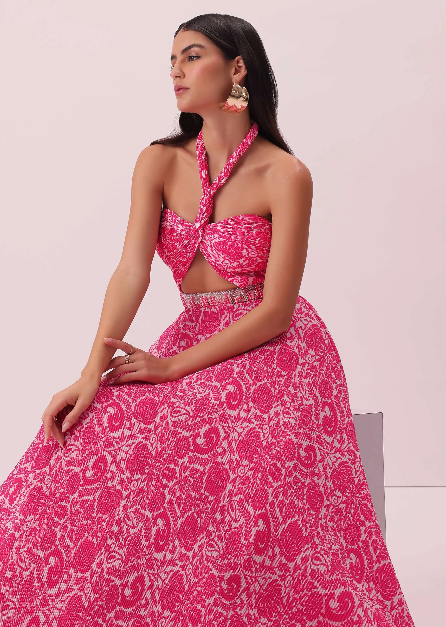 Fuchsia Pink Halter Neck Gown In Georgette With Print And Embroidery