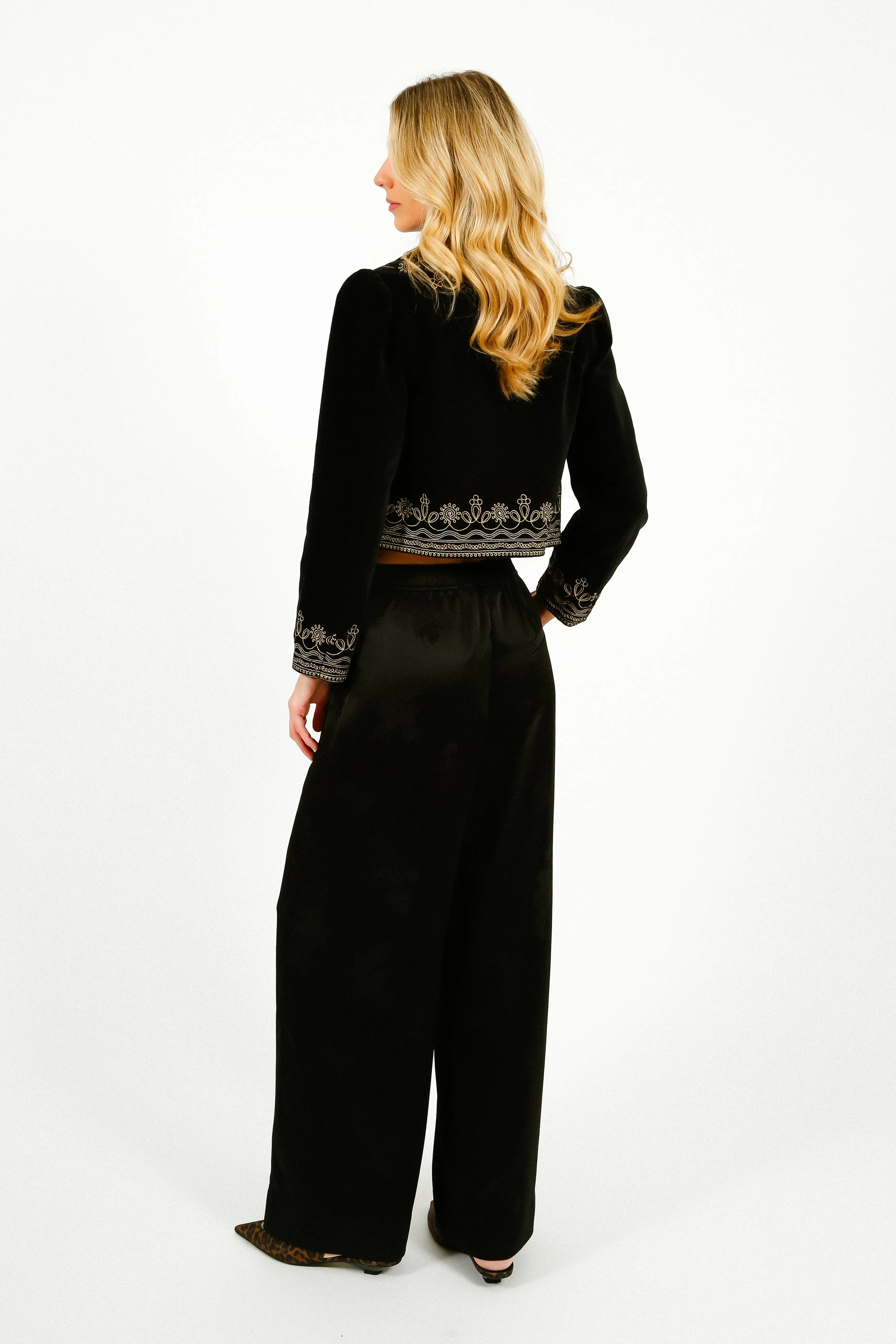 GANNI W0383 Fluid Satin Jacquard Elasticated Pants in Black