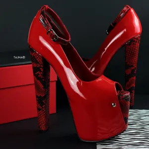 Genuine Leather Red Snake Detail  Chunky Heels