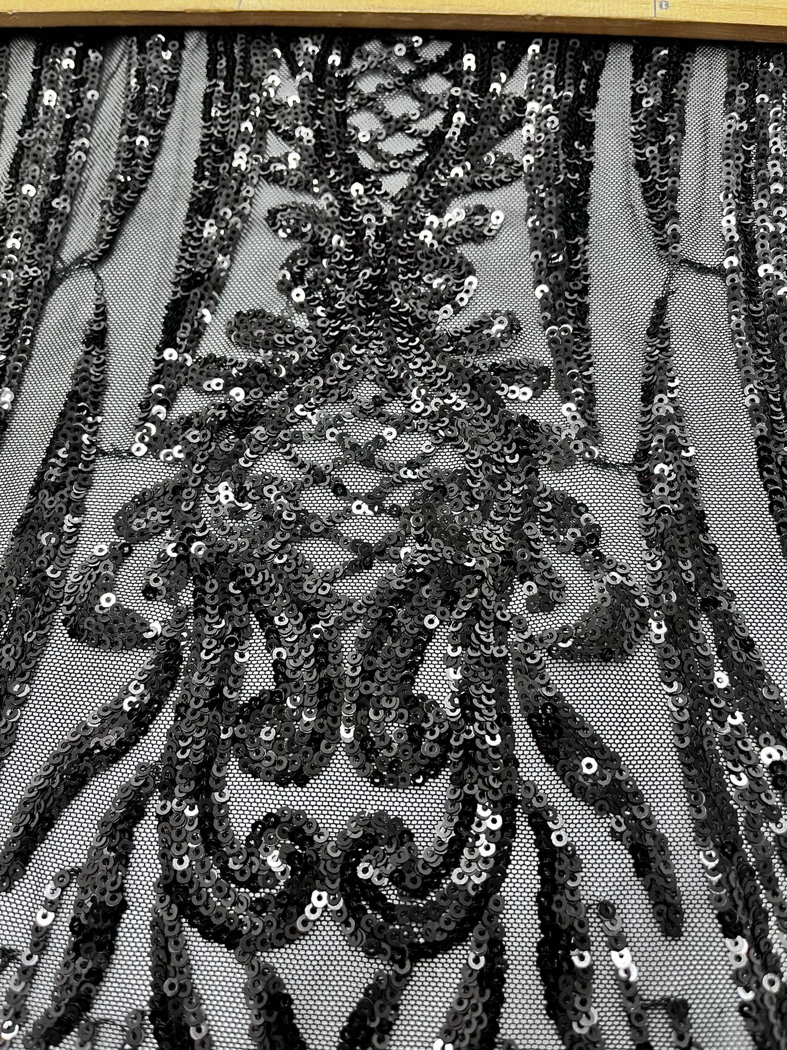 Geometric 4 Way Stretch Sequin Fabric | Black | Embroidered Fabric