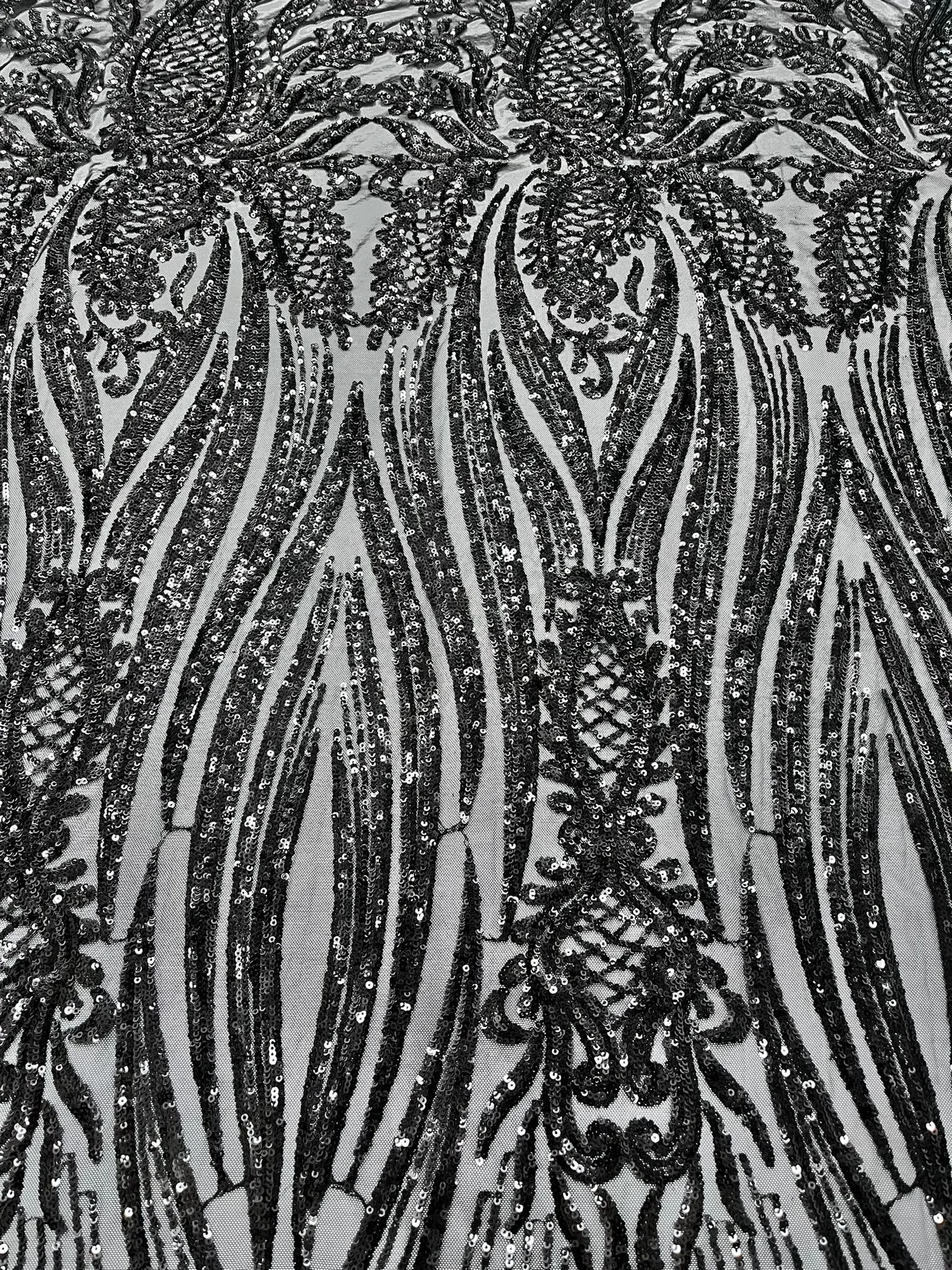 Geometric 4 Way Stretch Sequin Fabric | Black | Embroidered Fabric