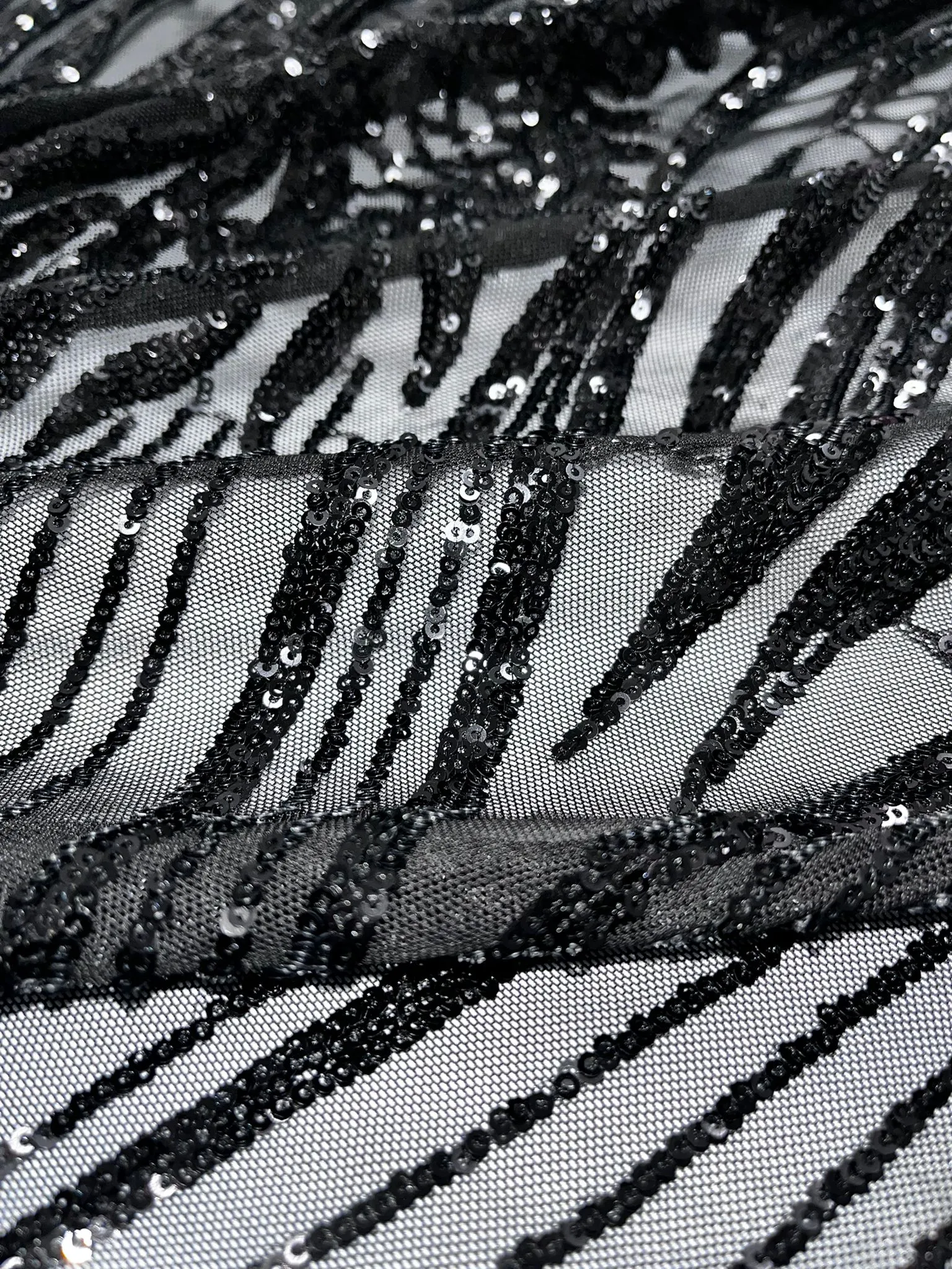 Geometric 4 Way Stretch Sequin Fabric | Black | Embroidered Fabric