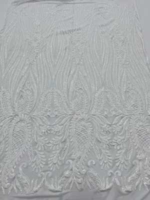 Geometric 4 Way Stretch Sequin Fabric | White | Embroidered Fabric