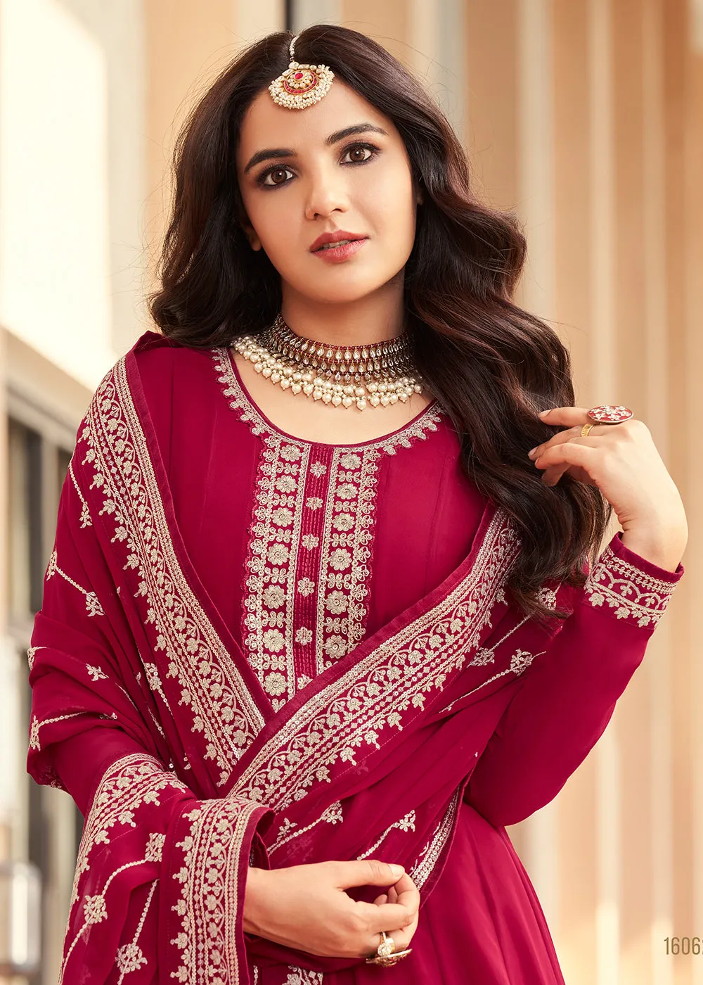Georgette Magenta Pink Embroidered Indian Long Anarkali Dress