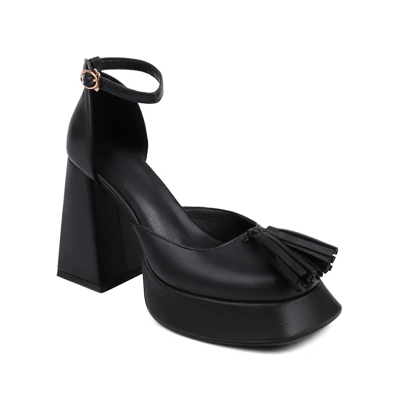 Gingham Shiny Microfiber Fringed Platform Sandal Heels