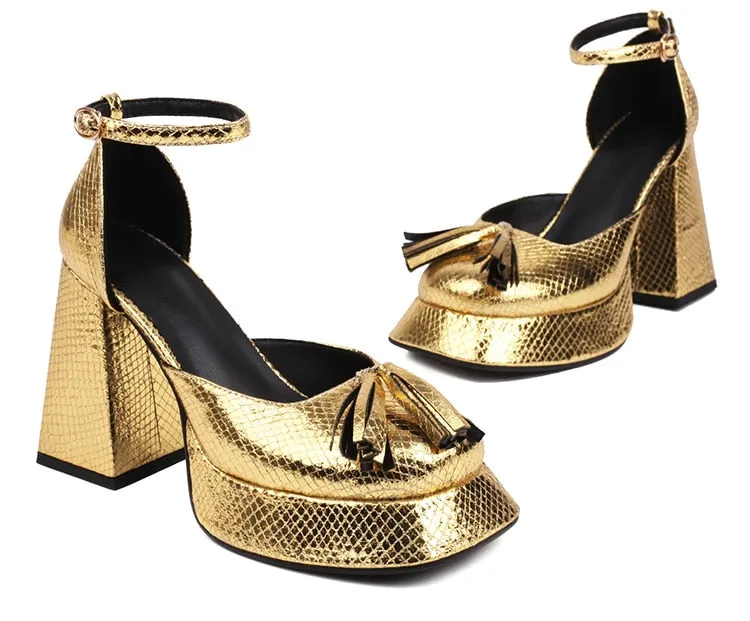 Gingham Shiny Microfiber Fringed Platform Sandal Heels