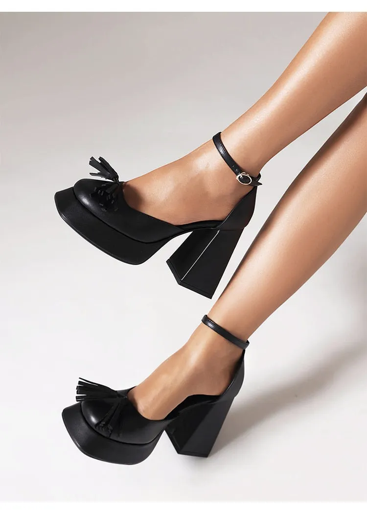 Gingham Shiny Microfiber Fringed Platform Sandal Heels