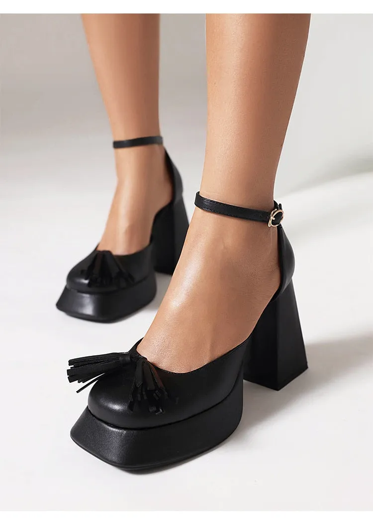 Gingham Shiny Microfiber Fringed Platform Sandal Heels