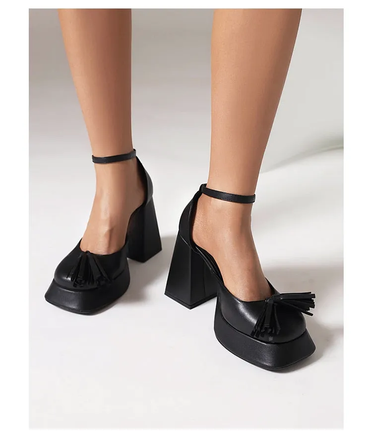 Gingham Shiny Microfiber Fringed Platform Sandal Heels