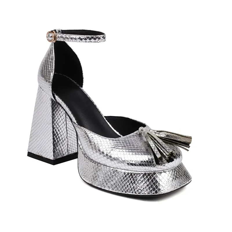 Gingham Shiny Microfiber Fringed Platform Sandal Heels