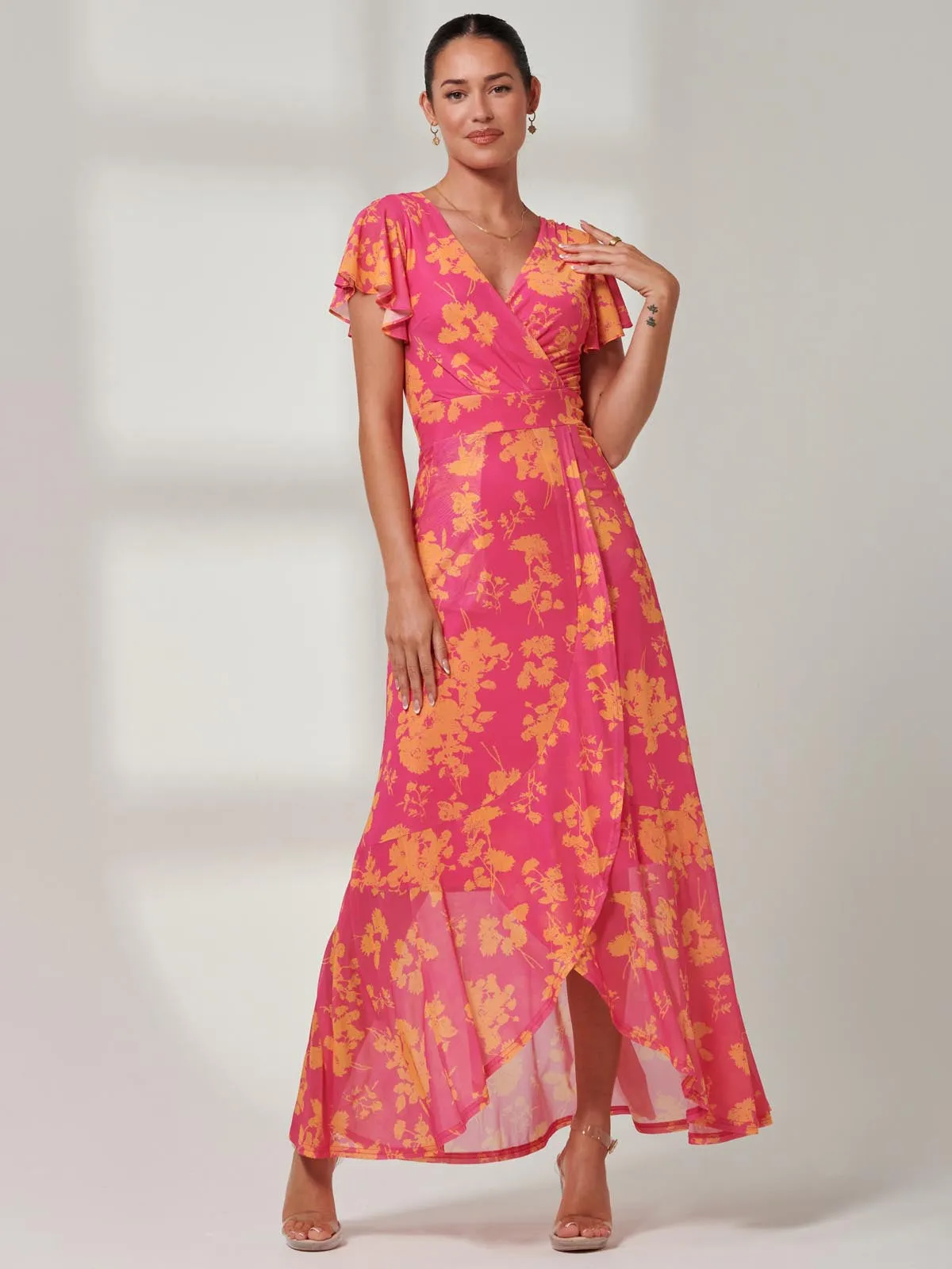 Gisselle Ruffle Hem Mesh Maxi Dress, Pink Floral